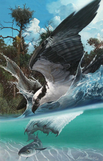 bird diving into water painting