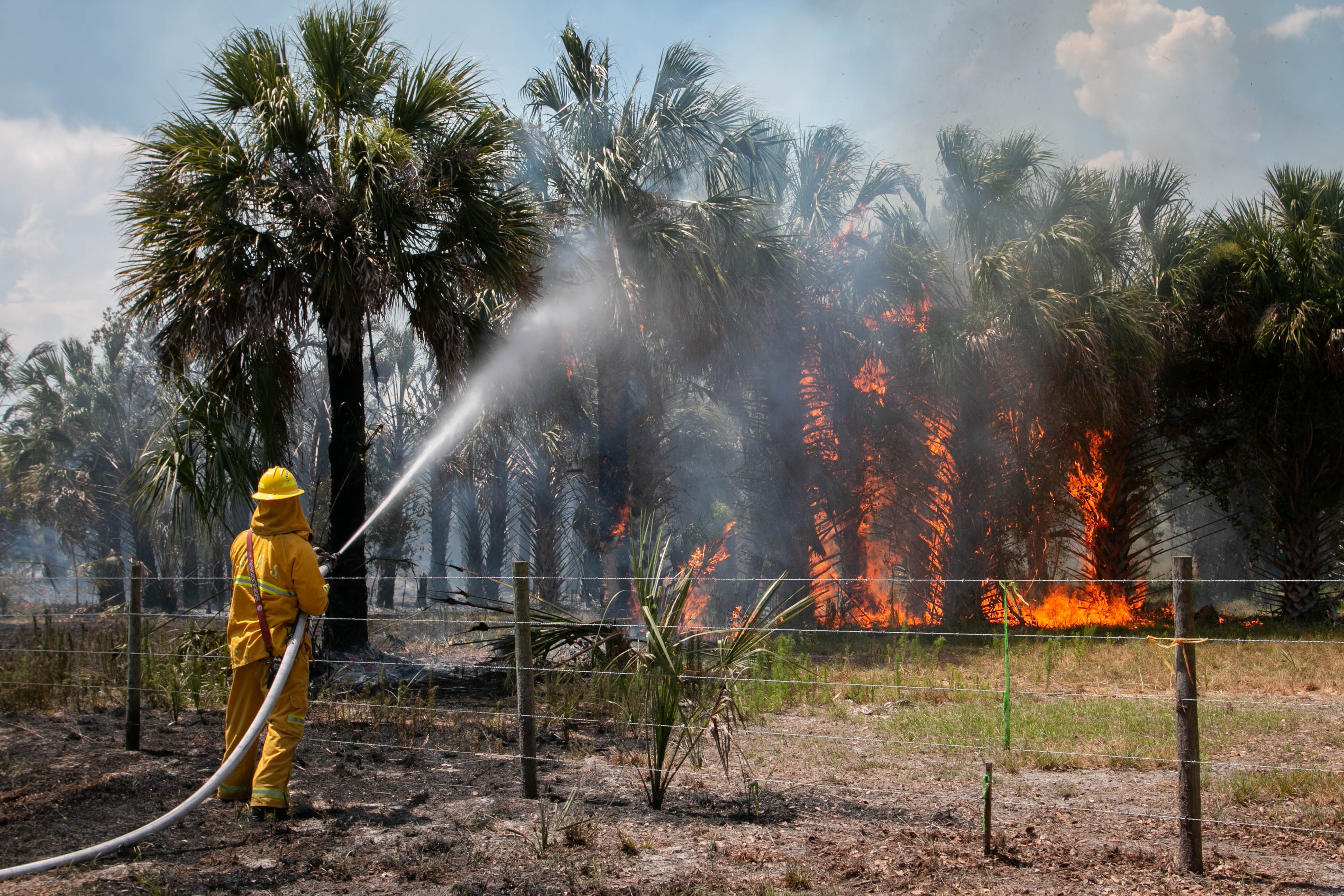 A firefighter putting out fire 