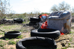 Photo of illegal dumpsite including furniture and tires