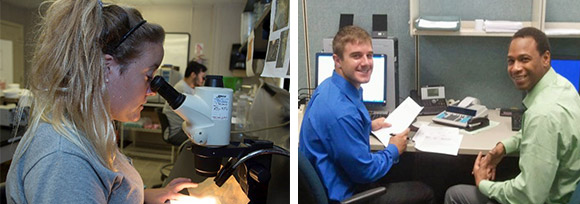 intern using a microscope and intern behind a desk