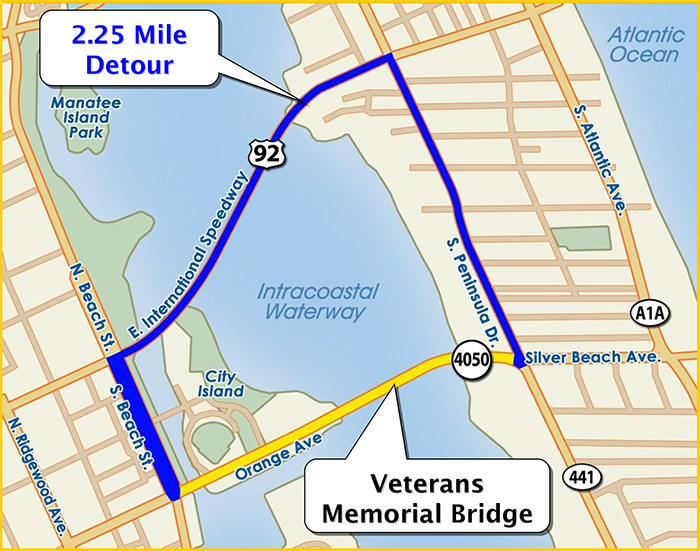 2.25 mile detour using beach street international speedway and pennisula