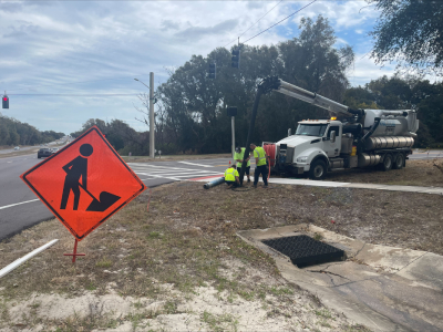 Stormwater crews recently used a vacuum truck to clean storm inlets and underground pipes