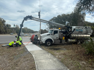 Stormwater crews recently used a vacuum truck to clean storm inlets and underground pipes